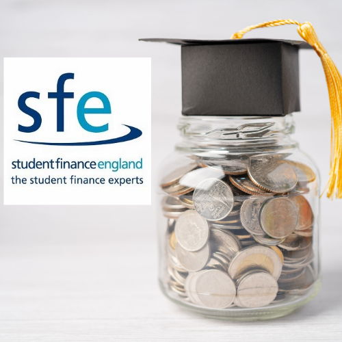 Sfe-help , image of student finance logo and jar with coins